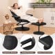 Swivel lounge chair recliner in black leather with ottoman, featuring ergonomic design and padded armrests for comfort.